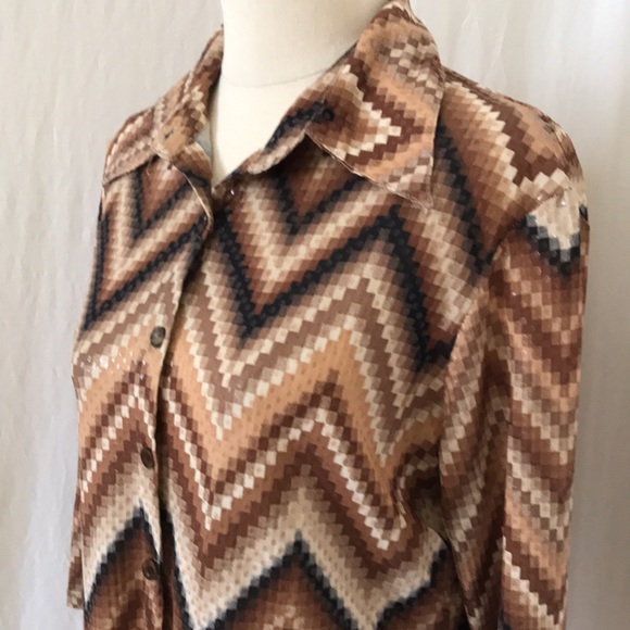 XOXOXO womens L / 12 half sleeve tan brown black button up shirt retro 70s - Picture 2 of 15